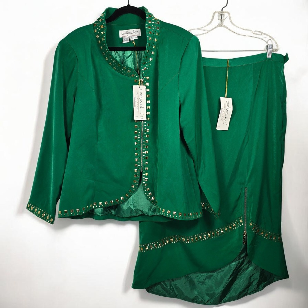 Vintage Donna Vinci Jacket Skirt Suit Set Women Size 20 Green Studded Zipper NWT